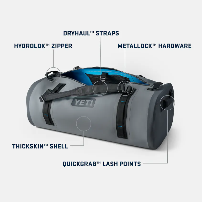 waterproof yeti bag 50L Panga Duffel Storm Gray stowaway mesh pocket to keep valuables safe and dry Waterproof Duffel Bag: YETI Panga