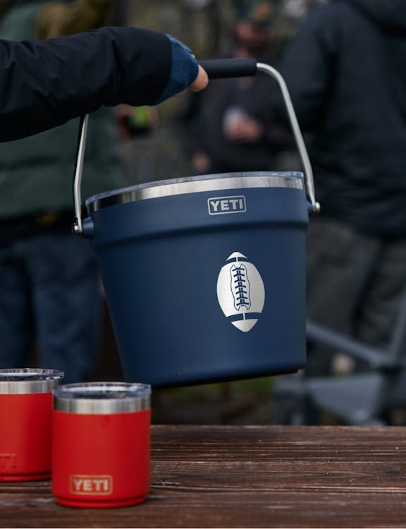 Bev Bucket in Navy with Custom Sports Design and Lowballs in Red